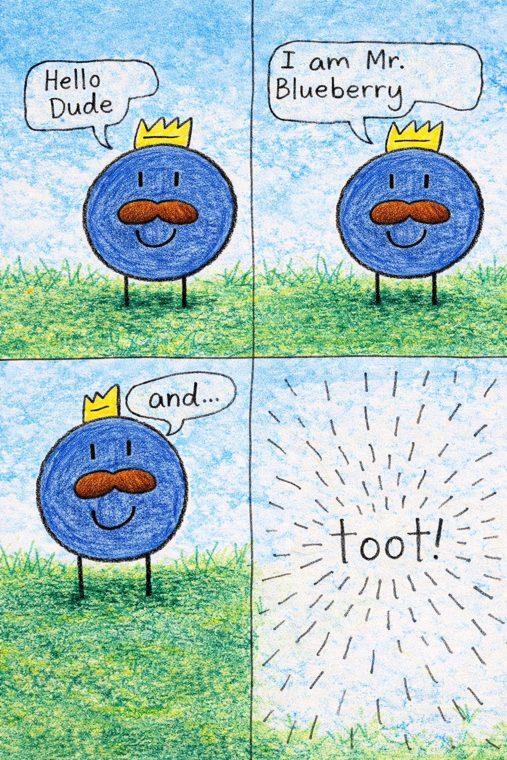 The first story page where Mr Blueberry says hello, introduces himself, and finishes with toot.