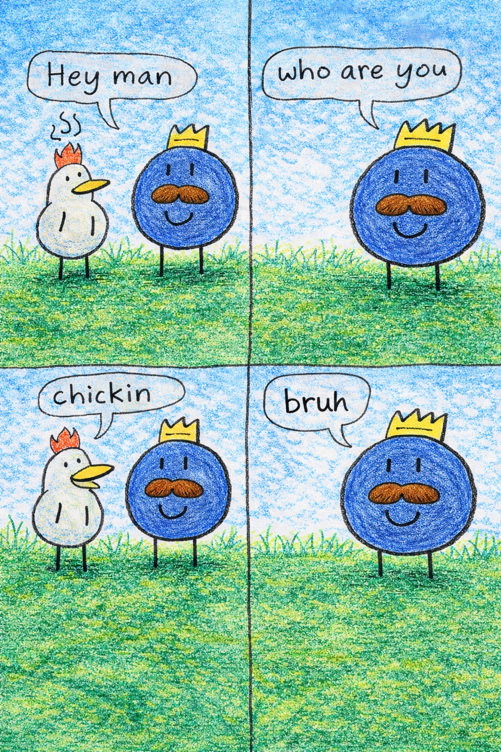 The second story page where Chicken says hey man, Mr Blueberry asks who are you, Chicken replies chickin, and Mr Blueberry says bruh.