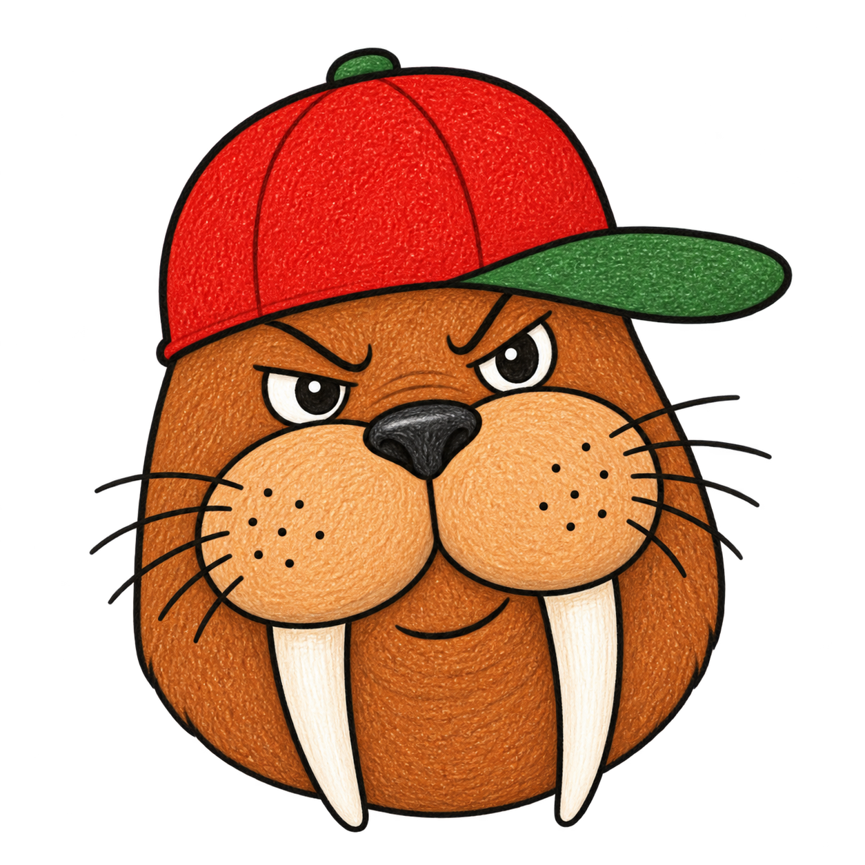 Wally's face, with his red cap, whiskers, and long tusks